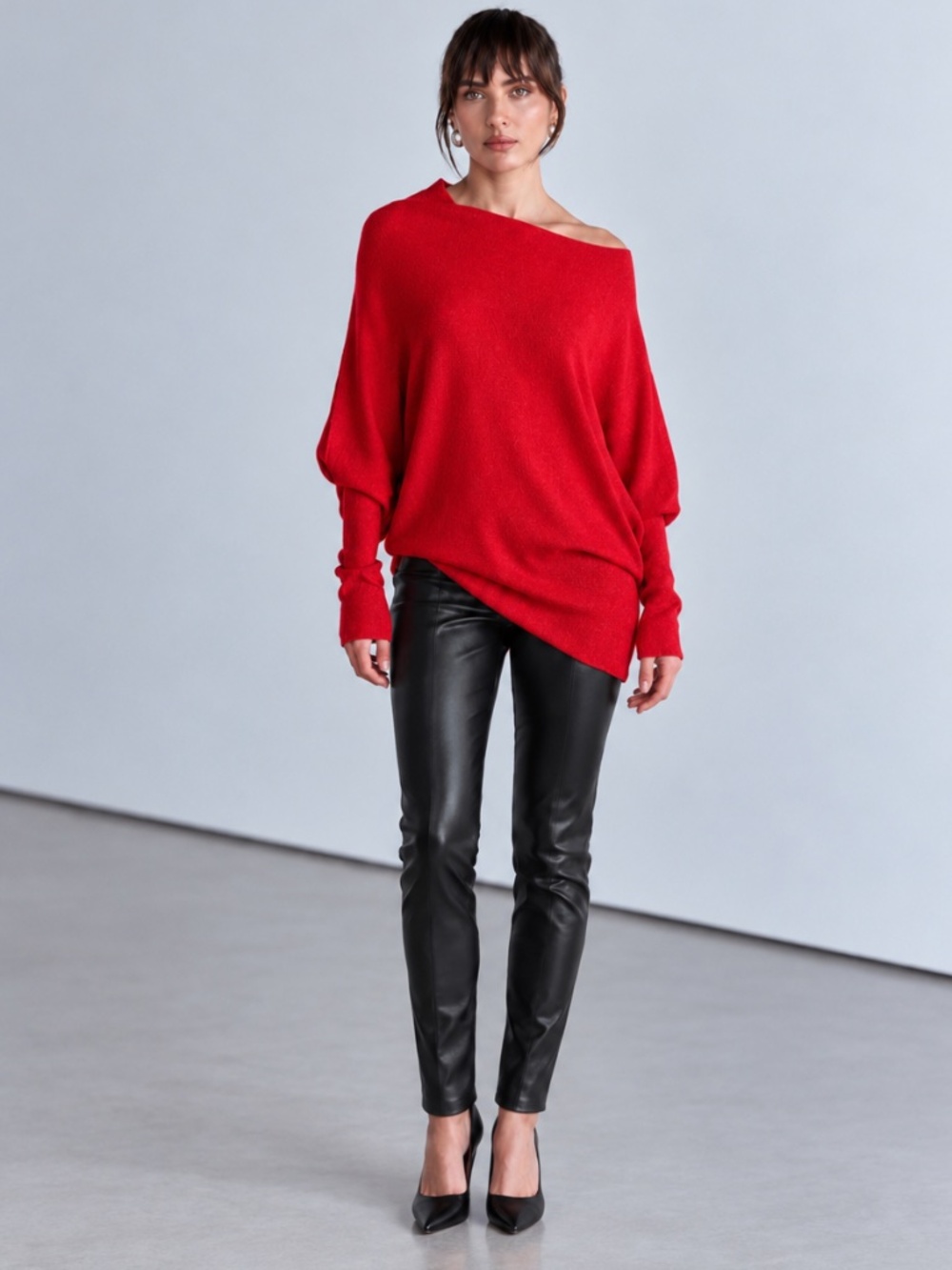 JAKI London Asymmetric Draped Seamless Knit Sweater Tomato Red L/XL